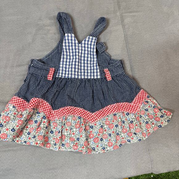 Vintage Denim Floral Gingham Overalls Dress Baby Girl 6-9 Months Shabby Chic - Picture 5 of 8